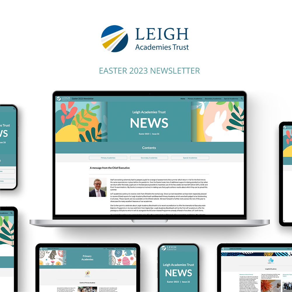 Leigh Academies Trust Easter newsletter graphic, with the LAT logo at the top in the centre, and the website on various devices dotted around the screen